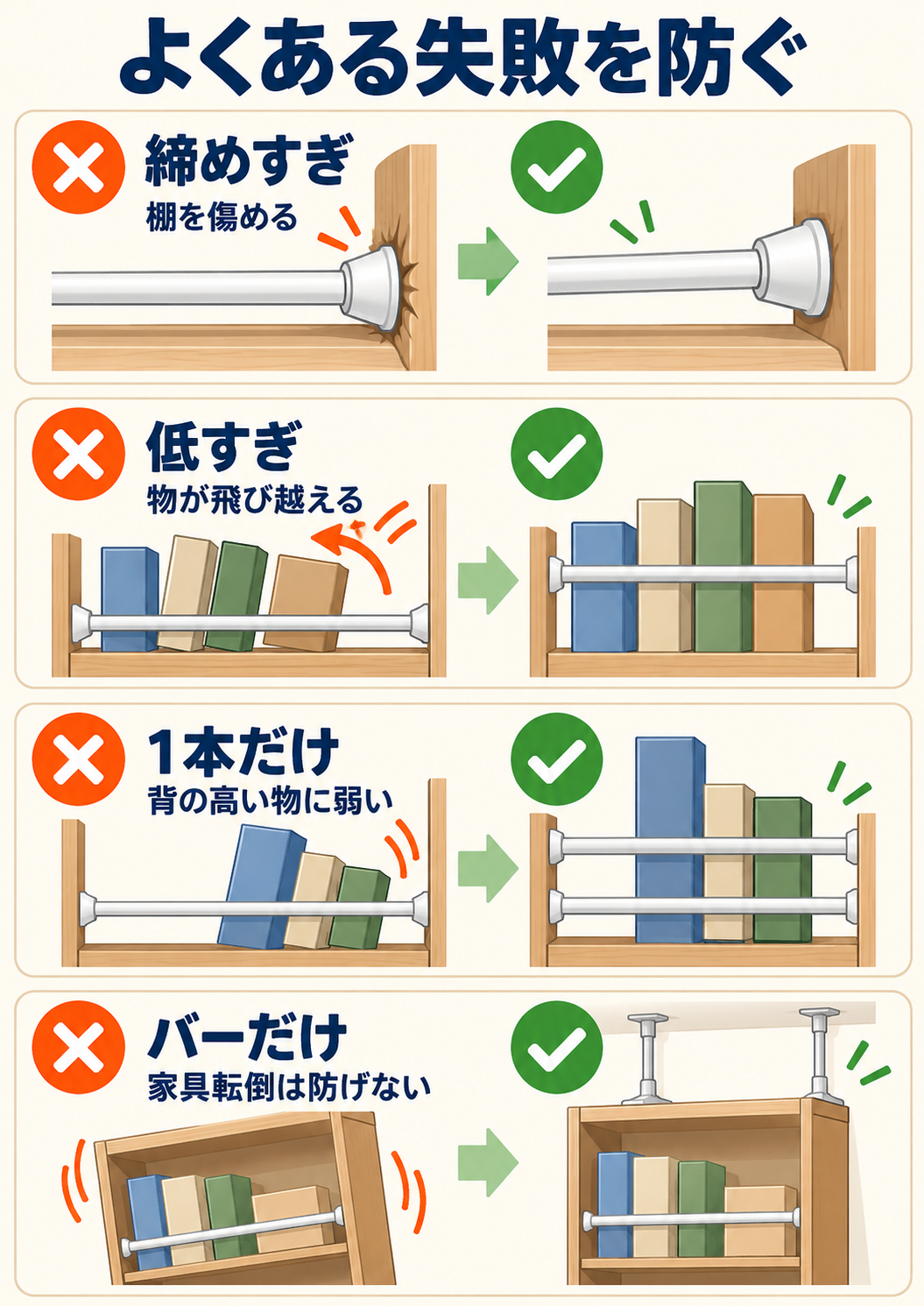 つっぱり棒の締めすぎや設置位置、家具本体の固定不足などの失敗例を示す図